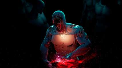 Fototapeta premium The divine demiurge touches the star nebula with his finger, the muscular figure of a deity, the moment of creation of worlds, 3d rendering