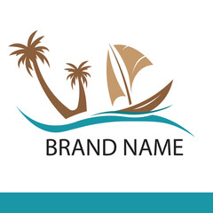 Fototapeta na wymiar travel or business logo on the beach with the shape of a ship or boat on the sea and coconut trees. paradise beach and tourism logo