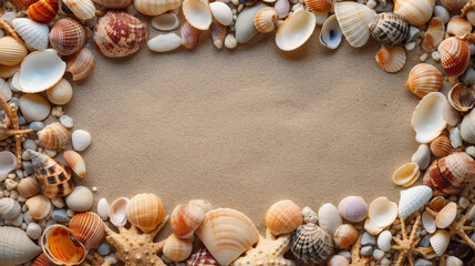 frame of seashells at the beach. summer background with copy space. Generative AI