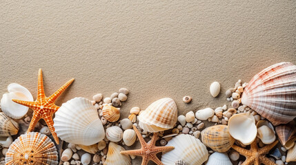Fototapeta na wymiar frame of seashells at the beach. summer background with copy space. Generative AI
