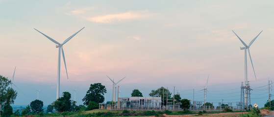 Wind turbines generate electricity. Electric current redistribution substation. Clean and Renewable...