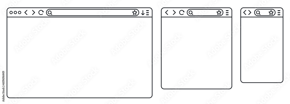 Aufkleber Simple browser window in a flat style, line design a simple blank web page, search in internet, line template mockup browser window on computer, tablet and mobile phone - for stock