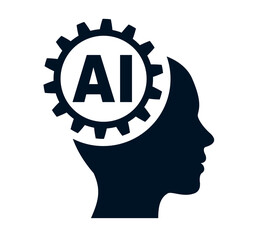 Artificial intelligence icon, machine learning and cyber mind domination concept in form of human face with gears, command prompt for generates, AI chat bot in humanoid head – vector