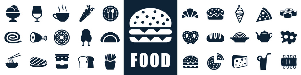Food set icons, meal, restaurant, dishes signs – stock vector