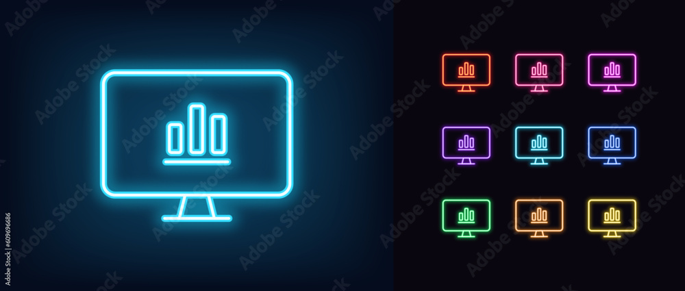 Aufkleber outline neon pc monitor icon set. glowing neon monitor screen with bar chart sign, display with data