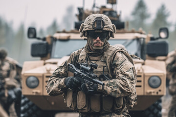 anti terrorist special force squad on action with military troops carrier in background