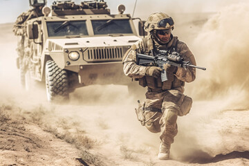 anti terrorist special force squad on action with military troops carrier in background