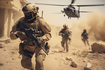 anti terrorist special force squad on action with helicopter in background