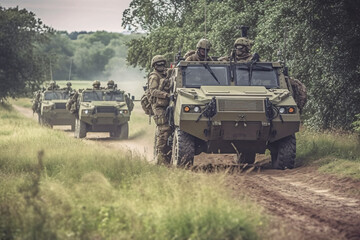 anti terrorist special force squad on action with military troops carrier in background