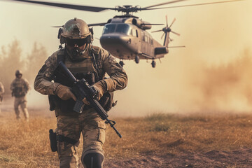 anti terrorist special force squad on action with helicopter in background