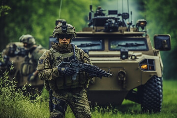anti terrorist special force squad on action with military troops carrier in background