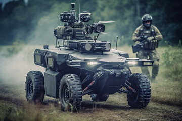 anti terrorist special force squad on action with military troops carrier in background