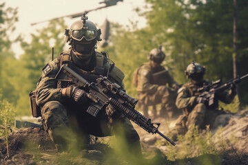 anti terrorist special force squad on action with military troops carrier in background