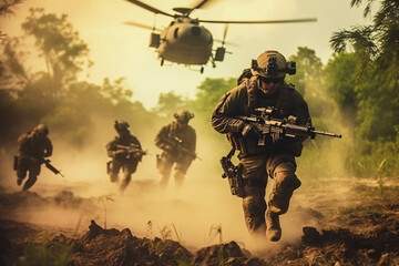 anti terrorist special force squad on action with helicopter in background