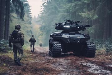 anti terrorist special force squad on action with military troops carrier in background