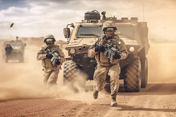 anti terrorist special force squad on action with military troops carrier in background