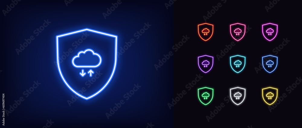 Aufkleber outline neon shield security icon set. glowing neon shield with digital cloud storage sign, cloud da