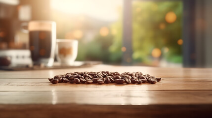 Fototapeta na wymiar coffee beans on the table, scattered coffee beans, generative ai
