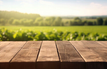 Empty wooden table on the background of farmer's fields, vegetable garden with harvest. Ready for product display montages.Generative AI