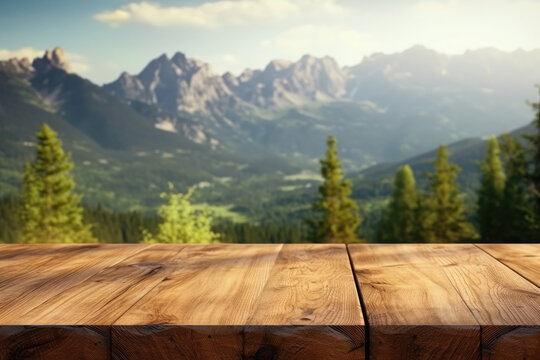 Empty wooden table on the background of beautiful mountains and landscape.Ready for product display montages.Generative AI
