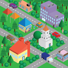 Isometric town. 3D illustration and EPS10 Vector.