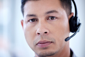 Face, call center and serious man telemarketing, customer service and business support. Contact us, portrait and male sales agent, professional and crm consultant from Brazil with success mindset.