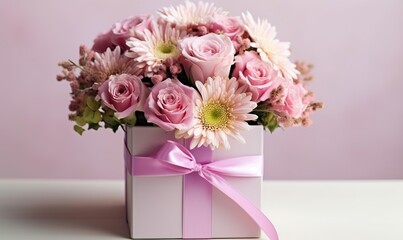 Floral bouquet of different flowers, bunch of flowers. pink roses, Chrysanthemum. Ai Generated.