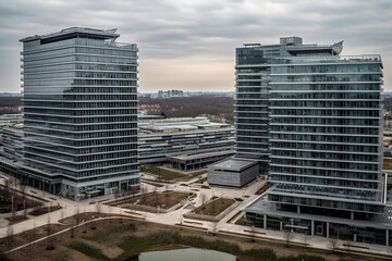 Wide Shot of Business Park with Multiple Corporate Buildings: Symbolizing Concentration of Business Power generative AI