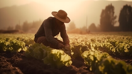 Fototapeta premium plowing, plantation, farmer, family farming, field, lettuce plantation, plantation, generative ai