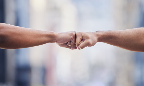 Closeup, people and hands in fist bump of success, winning and power of teamwork, respect or pride. Friends, hand and emoji of collaboration, motivation and celebrate solidarity, trust or cooperation