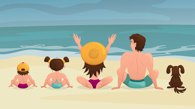 Happy family sits on the beach and looks out to sea. Dad, mom, son, daughter, and dog are relaxing on the ocean. View from the back. Cartoon. Vector illustration.