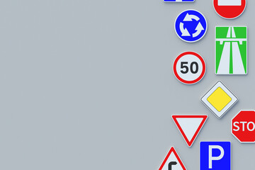 Scattered road signs. Traffic laws. Driving school concept. Rules and regulation. Highway signpost. Roadway infrastructure. Top view. Copy space. 3d render