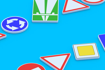 Road signs on blue background. Traffic laws. Driving school concept. Rules and regulation. Highway signpost. Roadway infrastructure. Copy space. 3d render
