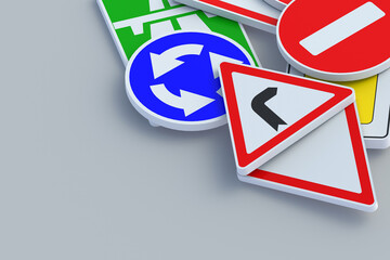 Road signs. Traffic laws. Driving school concept. Rules and regulation. Highway signpost. Roadway infrastructure. Copy space. 3d render
