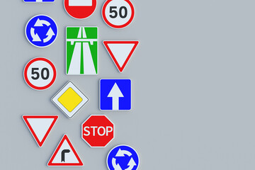 Road signs on gray background. Traffic laws. Driving school concept. Rules and regulation. Highway signpost. Roadway infrastructure. Top view. Copy space. 3d render