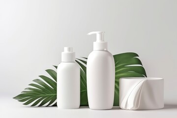 Obraz na płótnie Canvas Blank cosmetic bottles on white background with tropical leaves. Generative AI