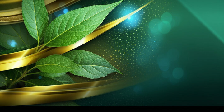 Sch&ouml;ner Hintergrund f&uuml;r Webdesign und Drucksachen in gr&uuml;nem Stil mit Gold Aplikation, ai generativ