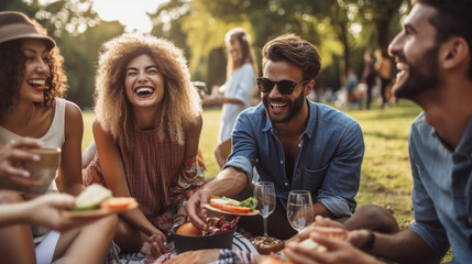 A diverse group of friends laughing and sharing a picnic in a vibrant park Generative AI