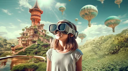 Foto op Aluminium The girl wearing a virtual reality headset, exploring a virtual world filled with educational wonders Generative AI © Наталья Евтехова