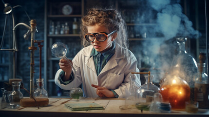 The girl wearing a lab coat and safety goggles, conducting a chemistry experiment in a well-equipped laboratory Generative AI - obrazy, fototapety, plakaty