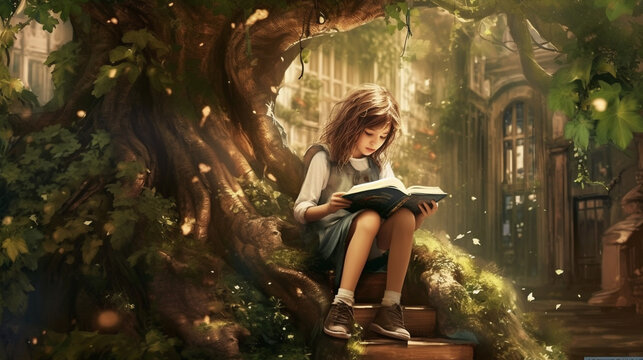 The girl sitting under a tree, engrossed in a book, with a world of imagination surrounding her Generative AI