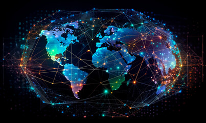 Glowing digital global earth map background. Neon 3d generative AI purple continents with futuristic communication grid and cyberspace connection lines with international information - obrazy, fototapety, plakaty