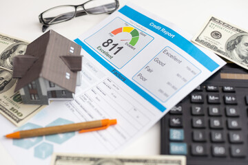 credit report with credit cards and calculator, glasses on banker work place white background top view
