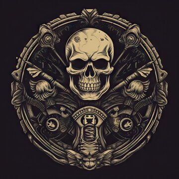 A biker's shield emblem featuring a skeleton, motorcycle wheels, pistols, and a hostile attitude, encapsulating the outlaw biker culture. Generative AI