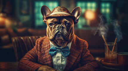 Fototapeta na wymiar Generative AI. A gentleman French Bulldog, dressed in a gentleman's suit and wearing a hat with