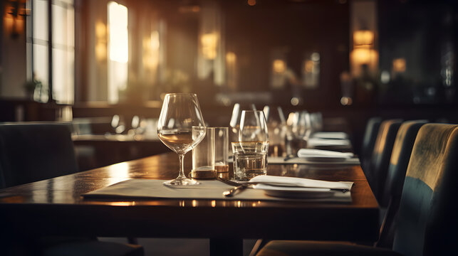 chic, elegant restaurant, table with cutlery glasses, generative ai