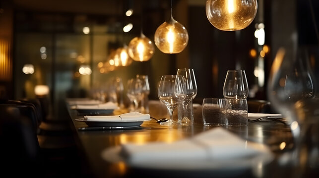 chic, elegant restaurant, table with cutlery glasses, generative ai