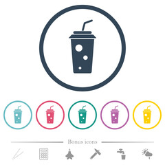 soft drink with straw solid flat color icons in round outlines