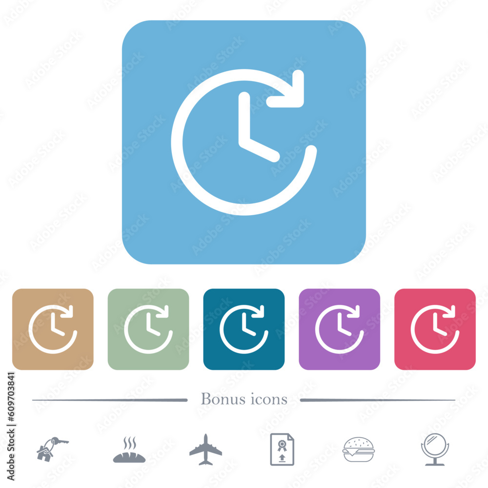 Poster circle shaped forward arrow and clock flat icons on color rounded square backgrounds