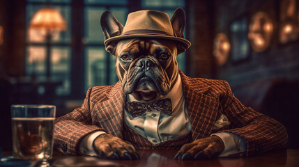 Generative AI. A gentleman French Bulldog, dressed in a gentleman's suit and wearing a hat with